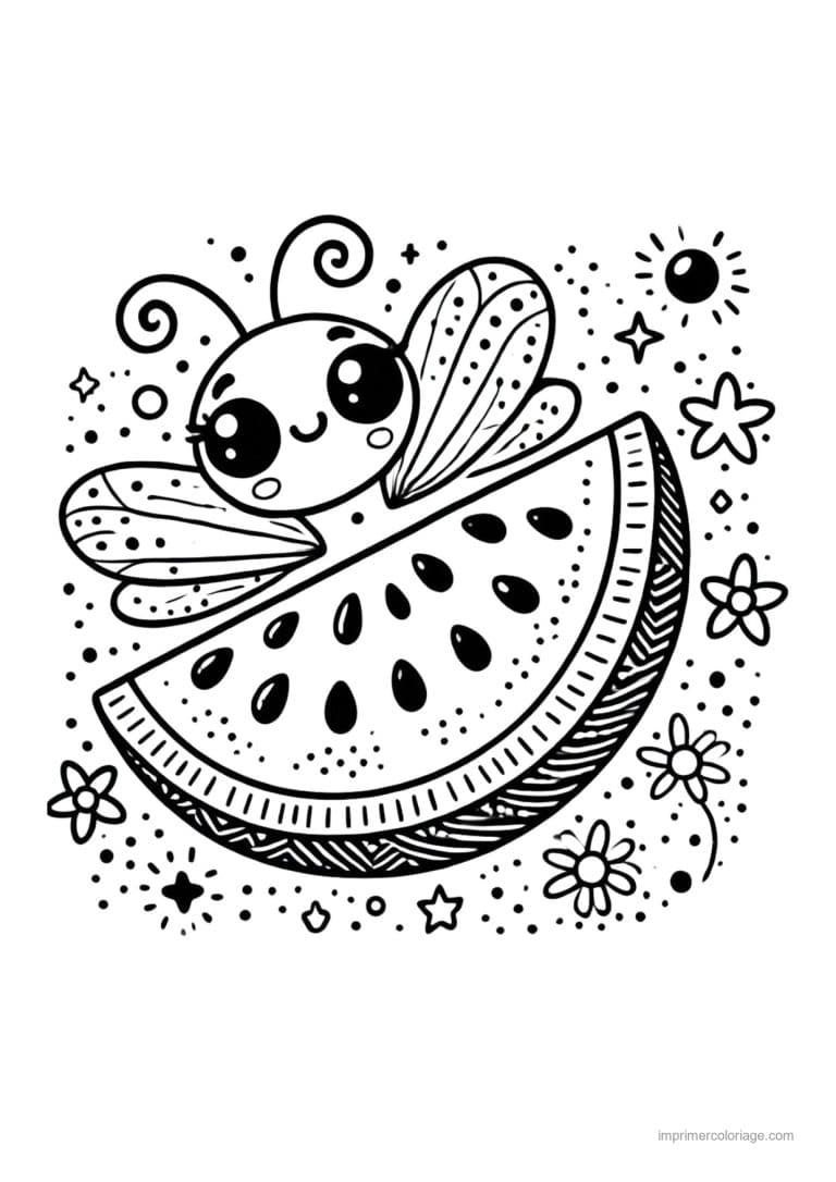 coloriage pasteque tranche de pasteque et abeille - dessin gratuit &agrave; imprimer