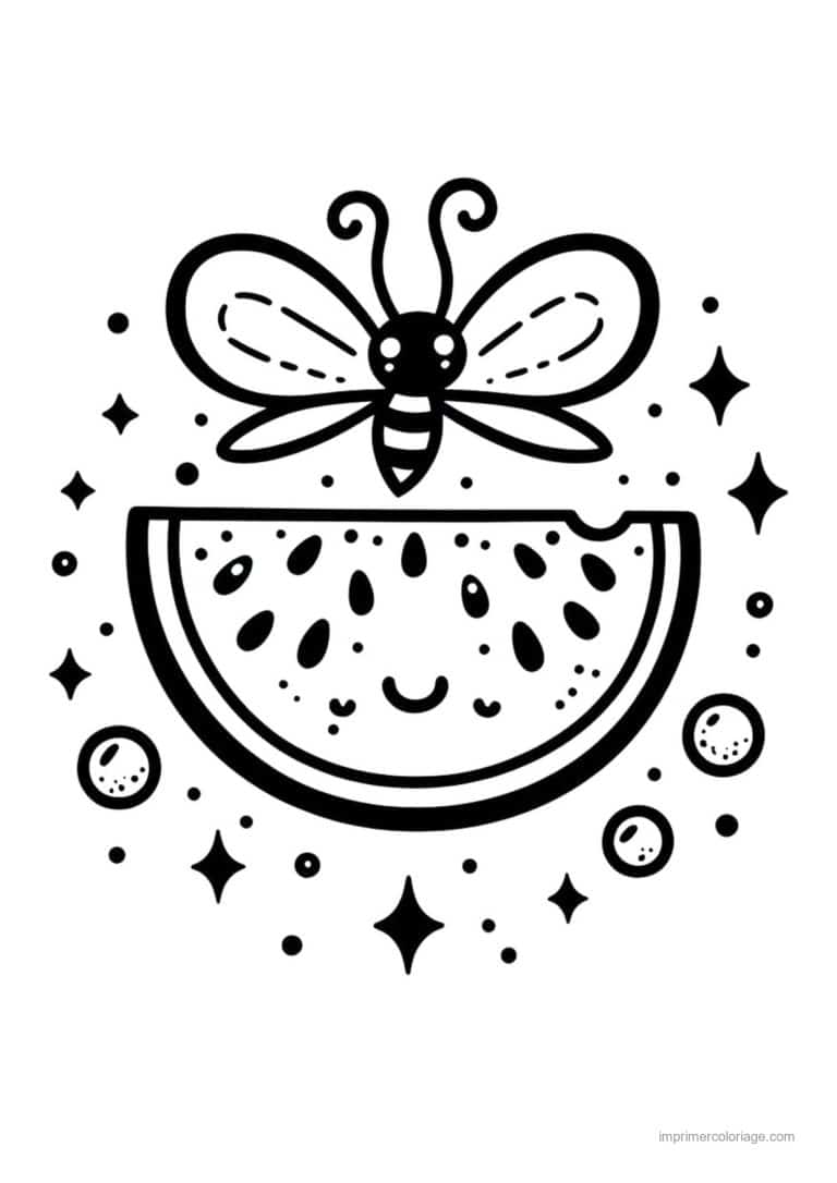 coloriage pasteque tranche de pasteque et abeille etoilee - dessin gratuit &agrave; imprimer