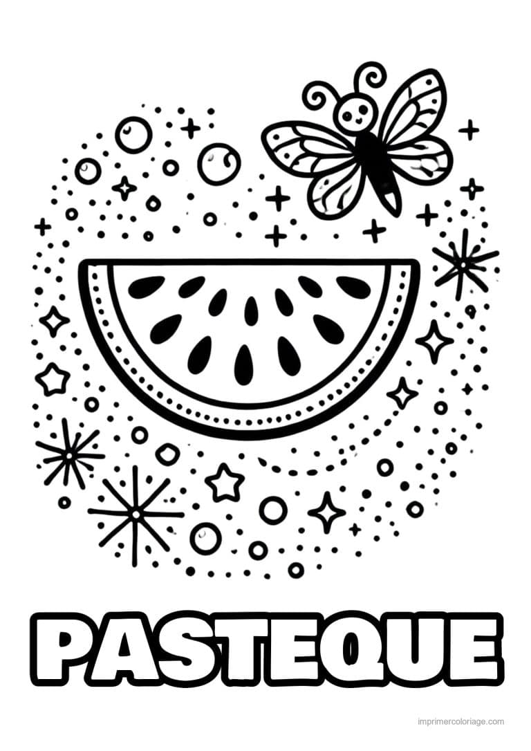 coloriage pasteque tranche de pasteque et papillon - dessin gratuit &agrave; imprimer