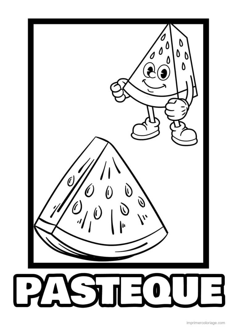coloriage pasteque tranche de pasteque et son personnage - dessin gratuit &agrave; imprimer