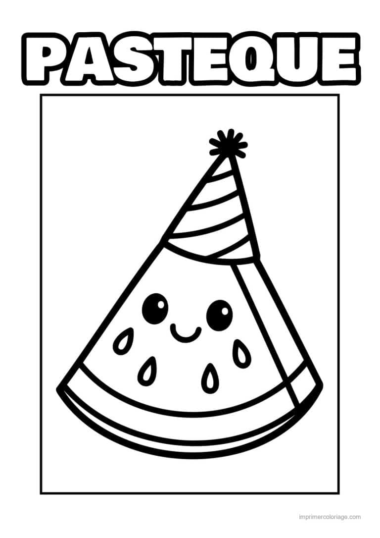 coloriage pasteque tranche de pasteque kawaii au chapeau - dessin gratuit &agrave; imprimer