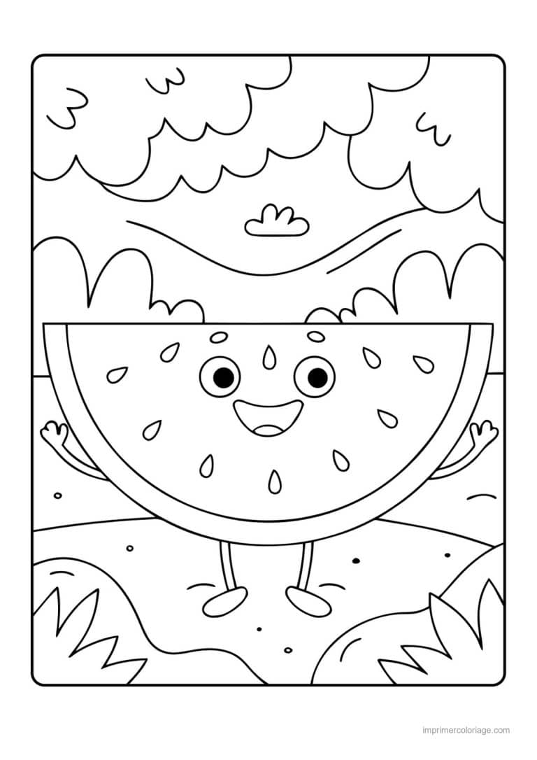 coloriage pasteque tranche de pasteque kawaii rieuse - dessin gratuit &agrave; imprimer