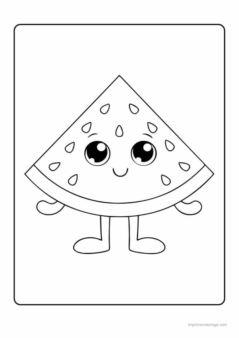 coloriage pasteque tranche de pasteque kawaii sur ses jambes - dessin gratuit &agrave; imprimer