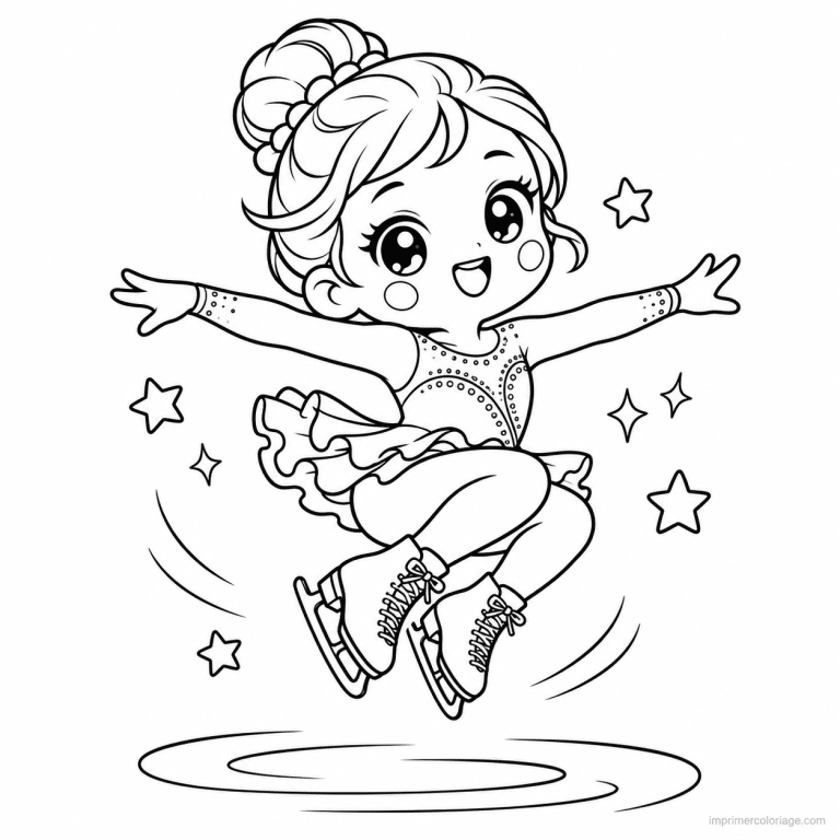 coloriage patinage kawaii patineur saut sur glace - dessin gratuit &agrave; imprimer