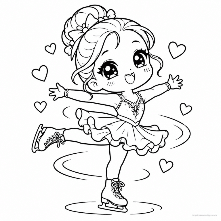 coloriage patinage kawaii patineuse pirouette coeurs - dessin gratuit &agrave; imprimer
