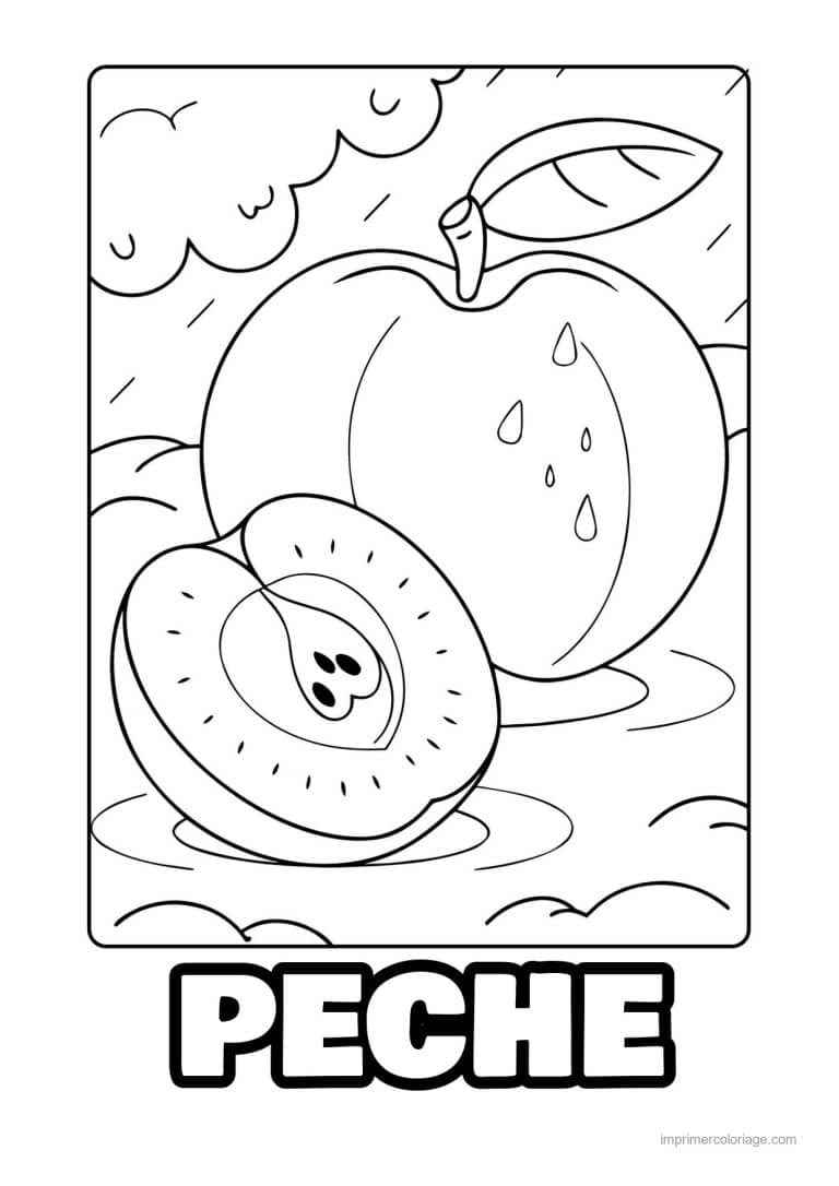 coloriage peche abricot prune peche entiere et coupee dans l eau - dessin gratuit &agrave; imprimer