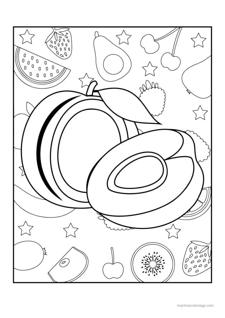 coloriage peche abricot prune peche entiere et coupee sur fond motif - dessin gratuit &agrave; imprimer