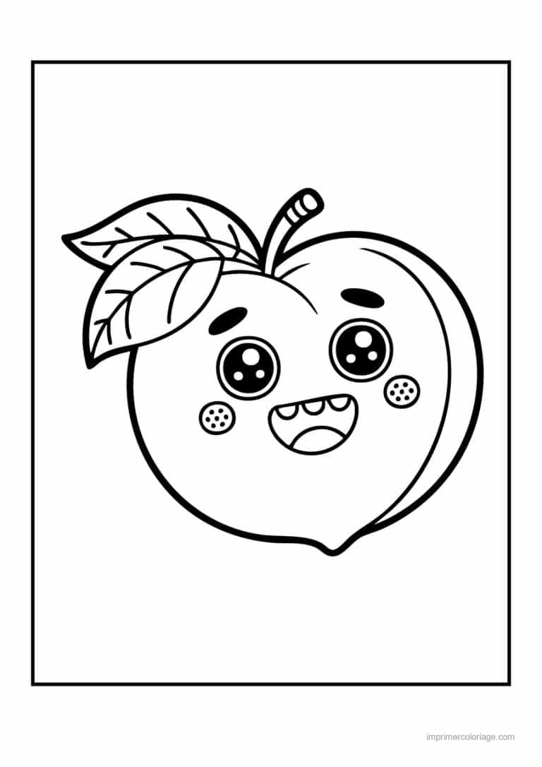 coloriage peche abricot prune peche kawaii rieuse - dessin gratuit &agrave; imprimer