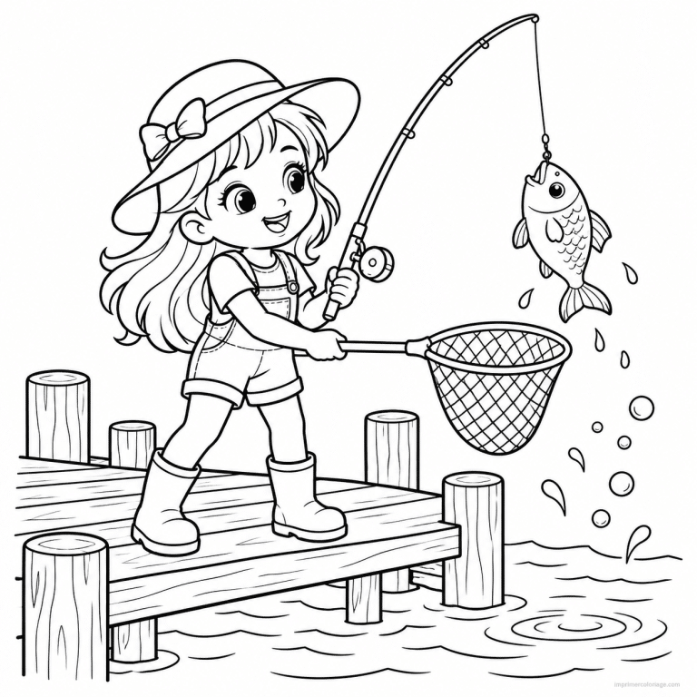 coloriage peche cute fille epuisette poisson ponton - dessin gratuit &agrave; imprimer