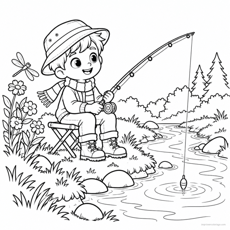 coloriage peche cute garcon ruisseau tabouret - dessin gratuit &agrave; imprimer