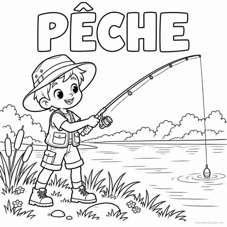 coloriage peche cute pecheur lac chapeau soleil titre haut - dessin gratuit &agrave; imprimer
