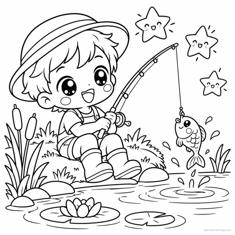 coloriage peche kawaii enfant etang etoiles - dessin gratuit &agrave; imprimer