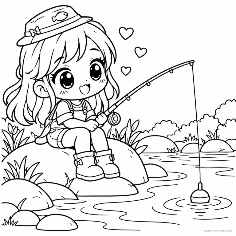 coloriage peche kawaii fille riviere bouchon - dessin gratuit &agrave; imprimer