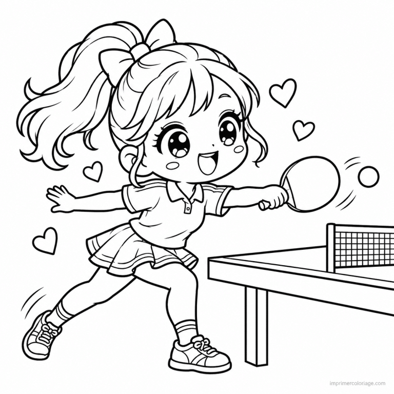 coloriage ping pong kawaii fille raquette ping pong - dessin gratuit &agrave; imprimer