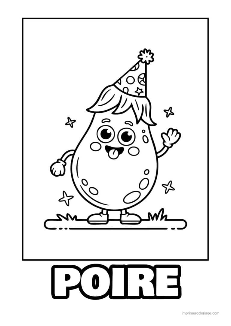 coloriage poire poire kawaii au chapeau de fete 2 - dessin gratuit &agrave; imprimer