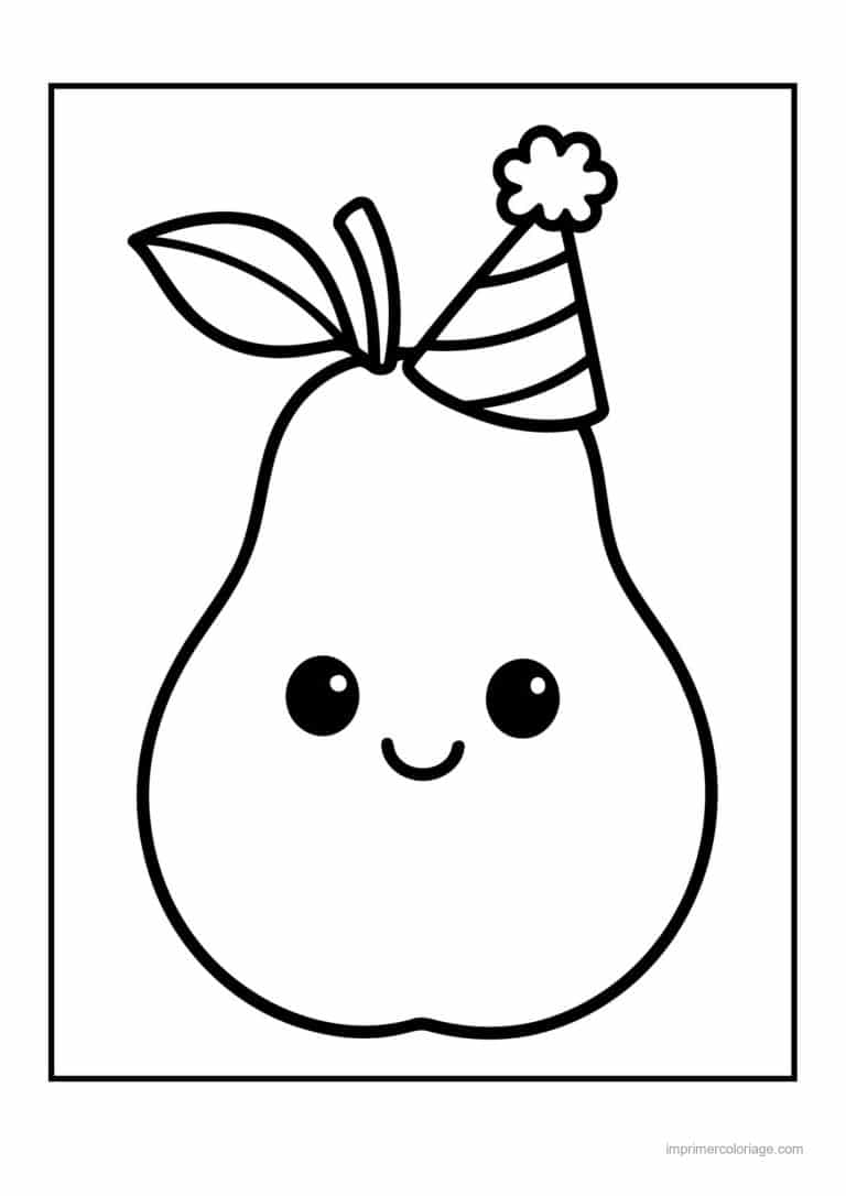 coloriage poire poire kawaii au chapeau de fete - dessin gratuit &agrave; imprimer