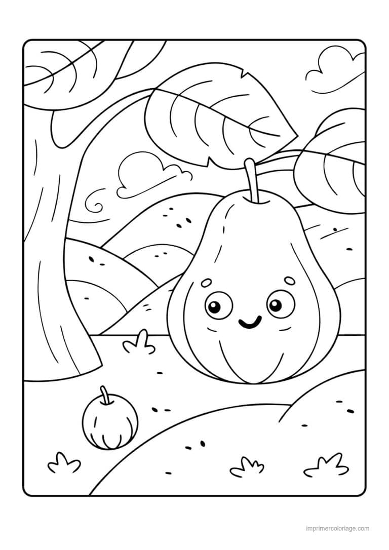 coloriage poire poire kawaii dans le paysage - dessin gratuit &agrave; imprimer