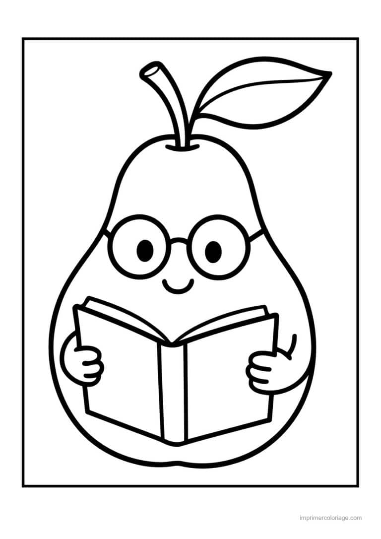coloriage poire poire kawaii qui lit - dessin gratuit &agrave; imprimer