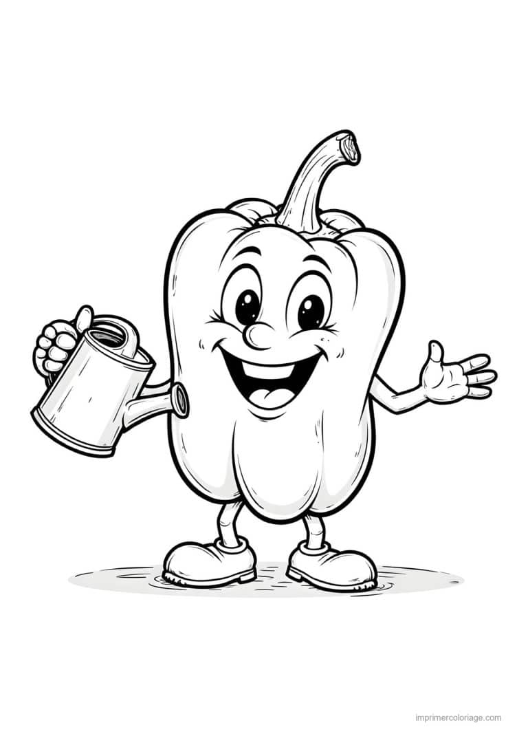 coloriage poivron piment poivron kawaii et son arrosoir - dessin gratuit &agrave; imprimer