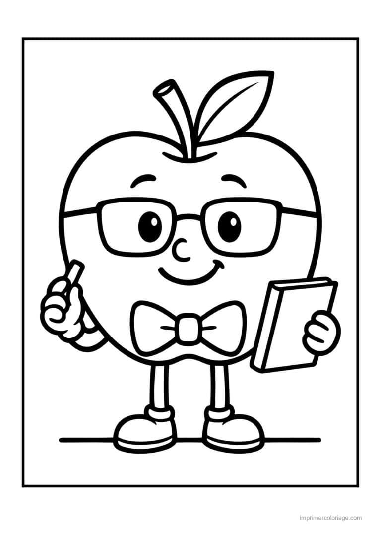 coloriage pomme pomme kawaii a lunettes et son livre - dessin gratuit &agrave; imprimer