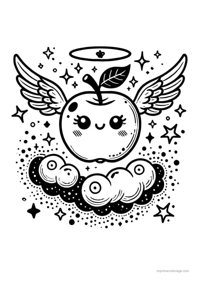 coloriage pomme pomme kawaii ailee et nuages - dessin gratuit &agrave; imprimer
