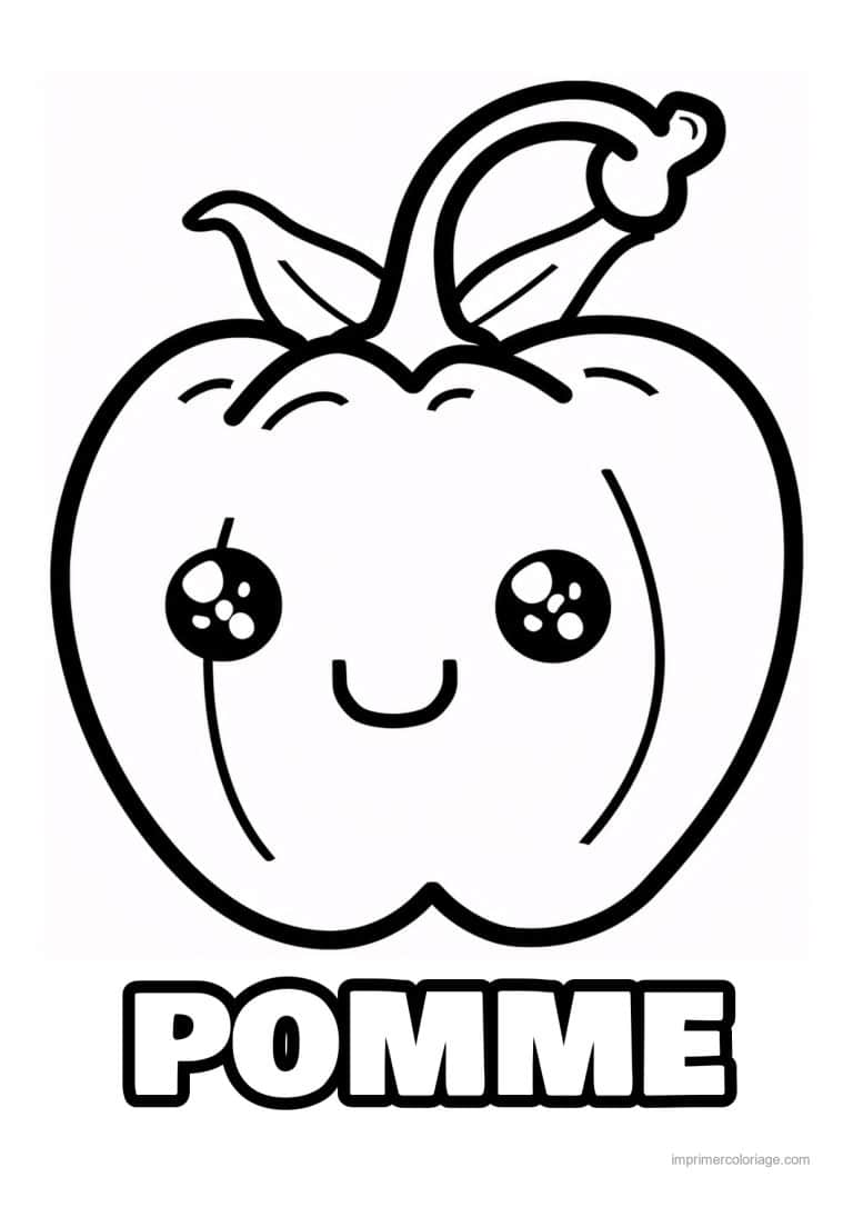 coloriage pomme pomme kawaii et sa tige - dessin gratuit &agrave; imprimer