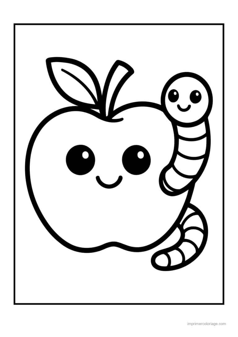 coloriage pomme pomme kawaii et son ver - dessin gratuit &agrave; imprimer