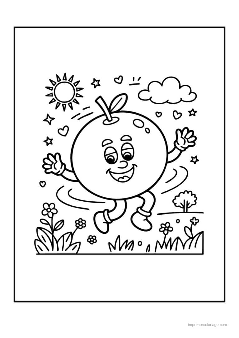 coloriage pomme pomme kawaii qui danse au soleil - dessin gratuit &agrave; imprimer