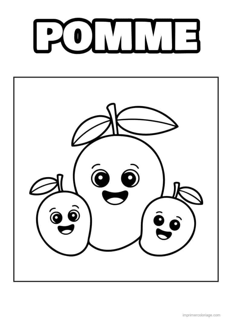 coloriage pomme trois pommes kawaii - dessin gratuit &agrave; imprimer