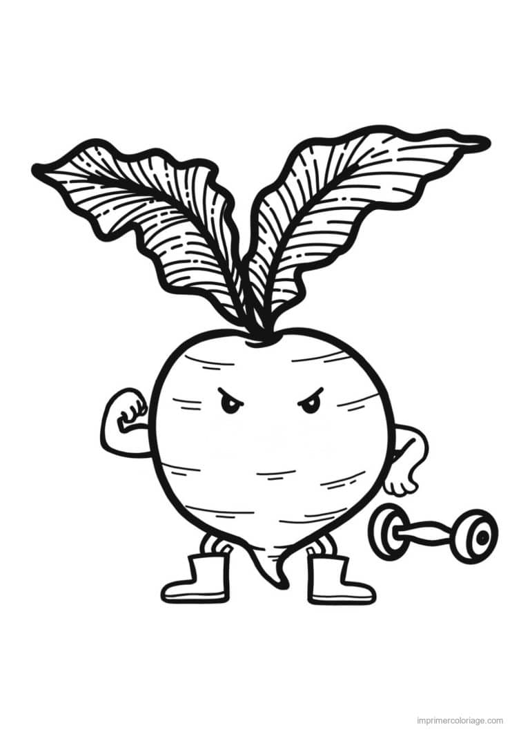 coloriage radis navet betterave betterave kawaii a l haltere - dessin gratuit &agrave; imprimer