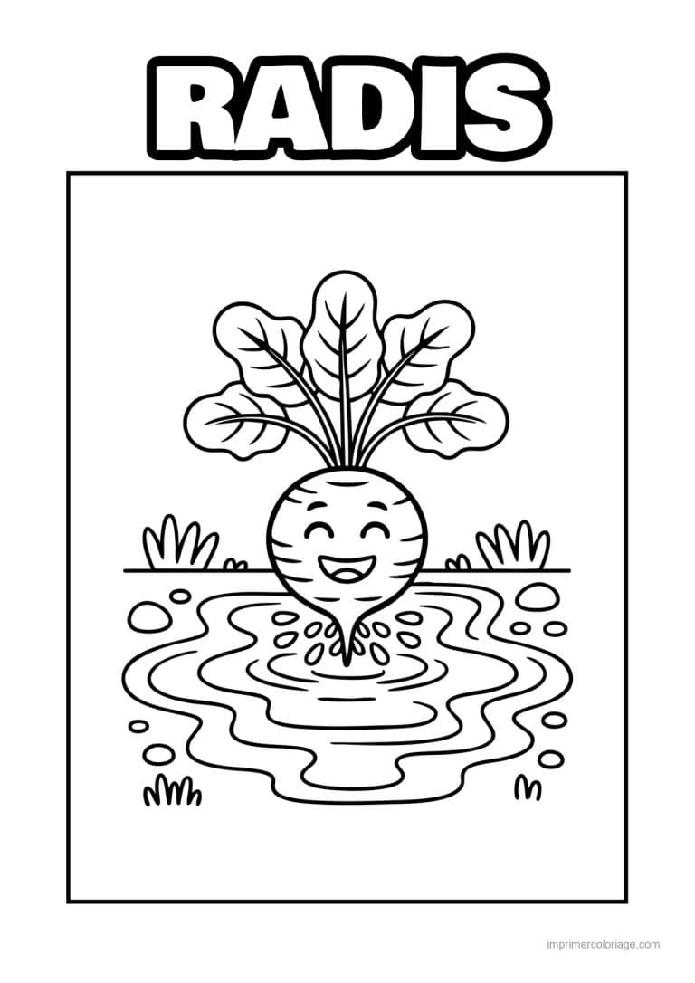 coloriage radis navet betterave betterave kawaii dans la mare - dessin gratuit &agrave; imprimer