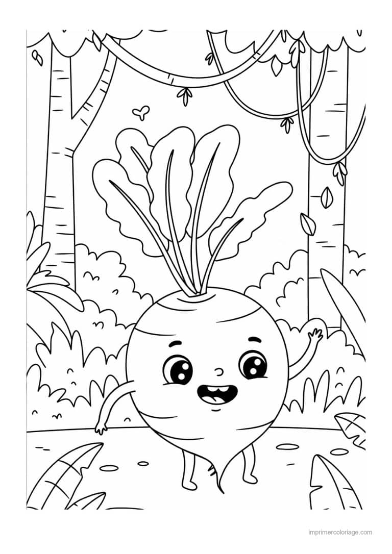 coloriage radis navet betterave betterave souriante dans la jungle - dessin gratuit &agrave; imprimer