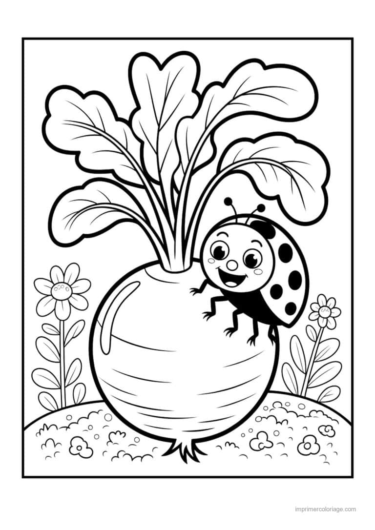 coloriage radis navet betterave navet fleuri et coccinelle - dessin gratuit &agrave; imprimer