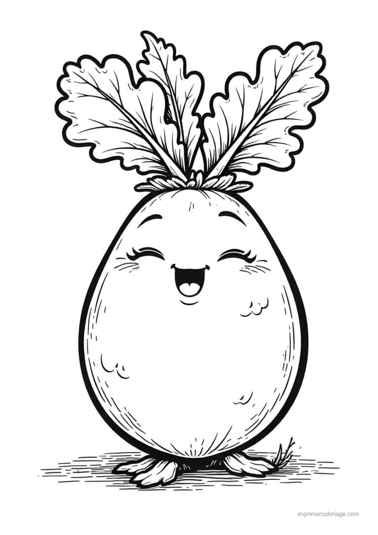 coloriage radis navet betterave navet kawaii aux fanes - dessin gratuit &agrave; imprimer