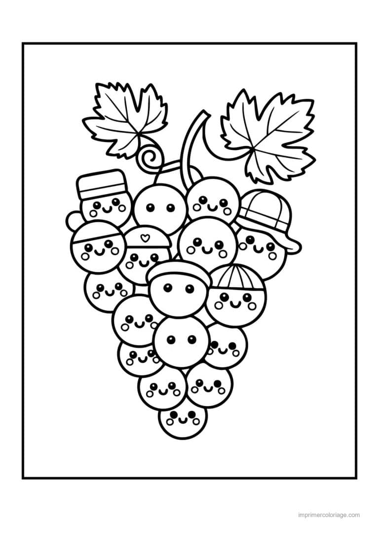 coloriage raisin grappe de raisin kawaii aux grains rieurs - dessin gratuit &agrave; imprimer