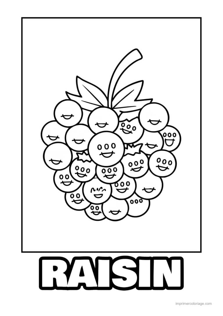 coloriage raisin grappe de raisin kawaii aux grains souriants - dessin gratuit &agrave; imprimer
