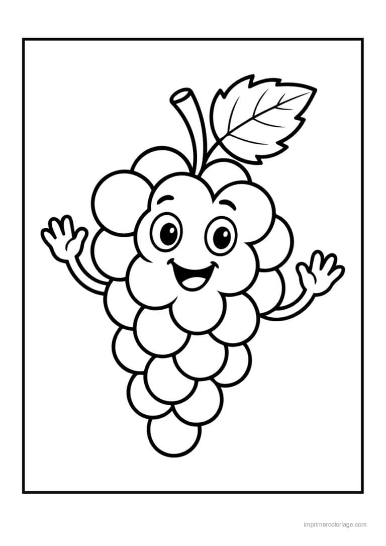 coloriage raisin grappe de raisin kawaii qui salue - dessin gratuit &agrave; imprimer