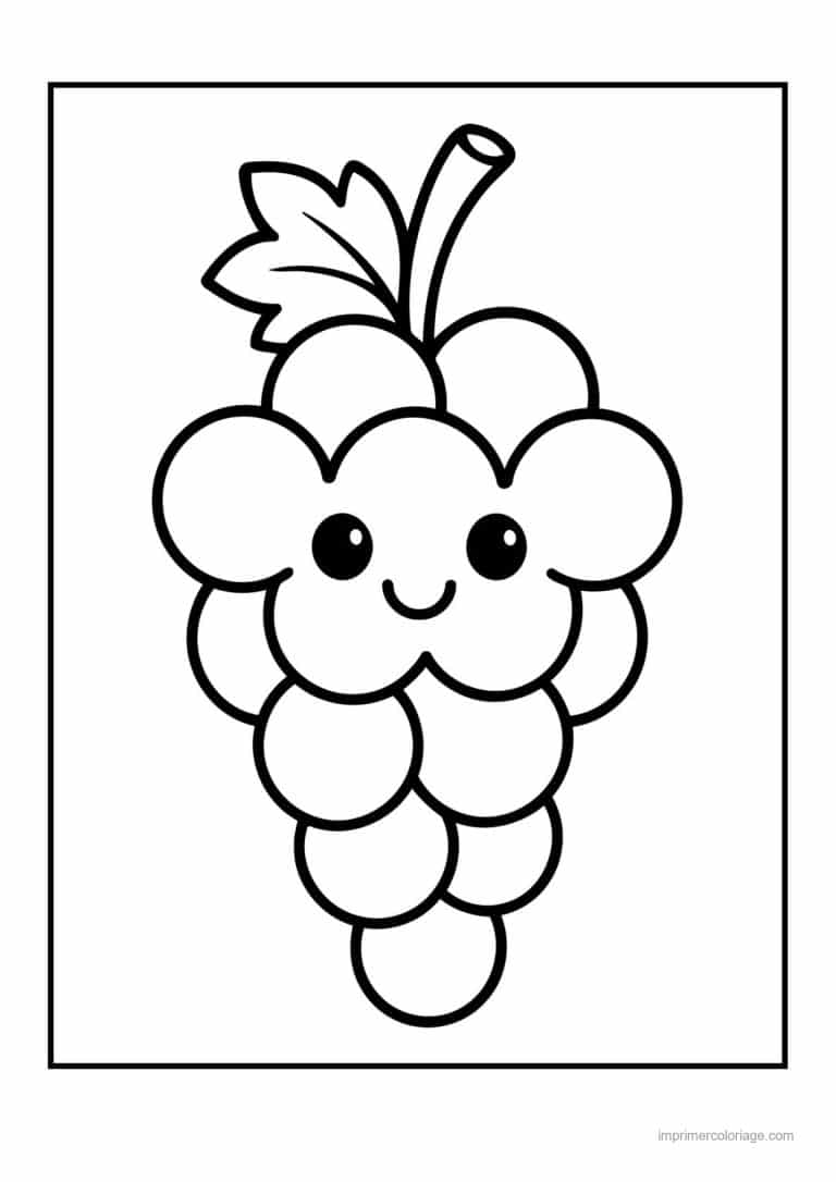 coloriage raisin grappe de raisin kawaii souriante - dessin gratuit &agrave; imprimer