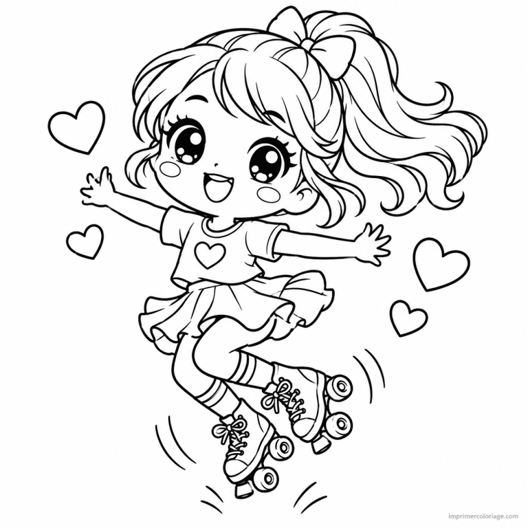 coloriage roller kawaii fille petit saut - dessin gratuit &agrave; imprimer