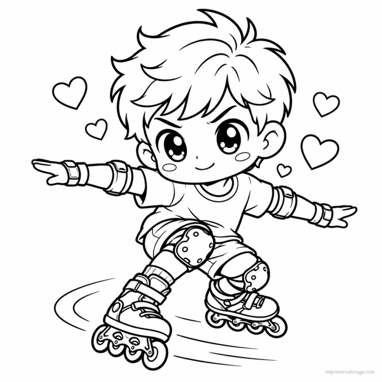 coloriage roller kawaii garcon virage coeurs - dessin gratuit &agrave; imprimer