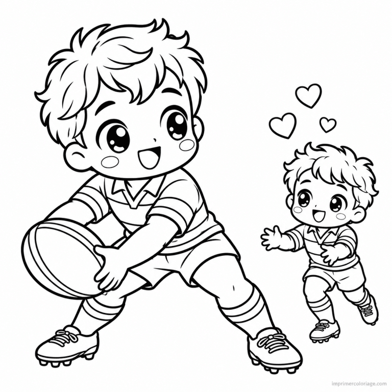 coloriage rugby kawaii joueurs passe ballon - dessin gratuit &agrave; imprimer