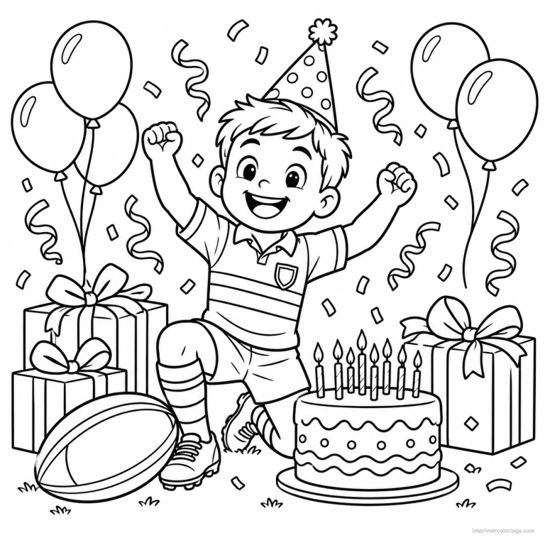 coloriage rugby party anniversaire gateau ballons - dessin gratuit &agrave; imprimer
