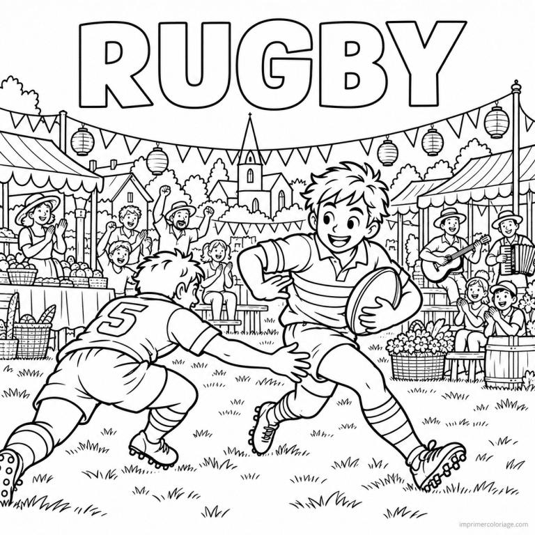 coloriage rugby scene fete village match titre haut - dessin gratuit &agrave; imprimer