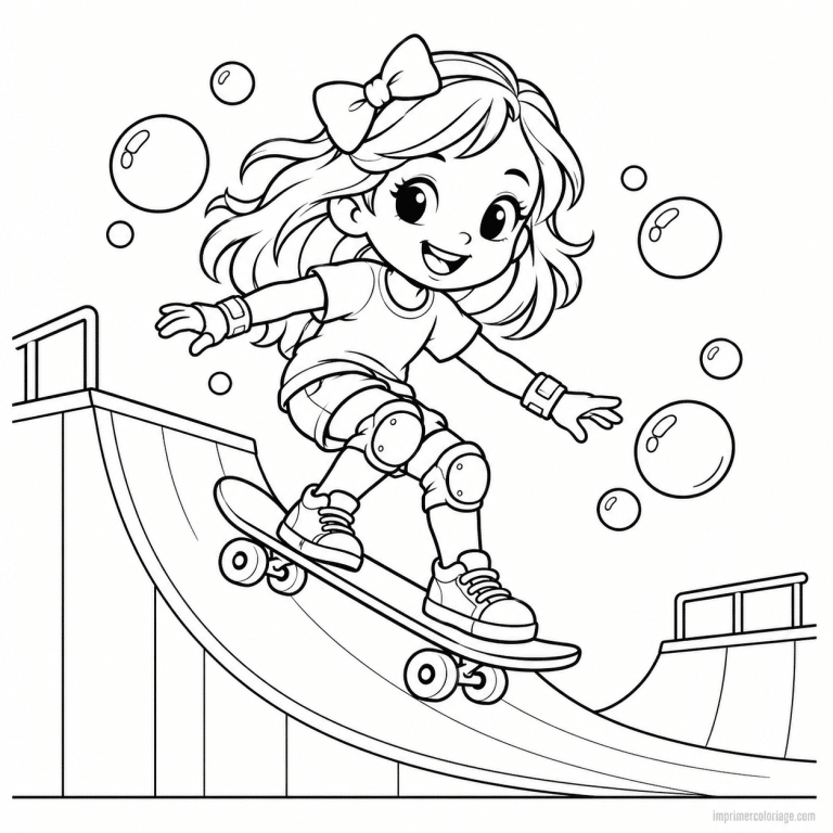 coloriage skate cute fille rampe noeud - dessin gratuit &agrave; imprimer