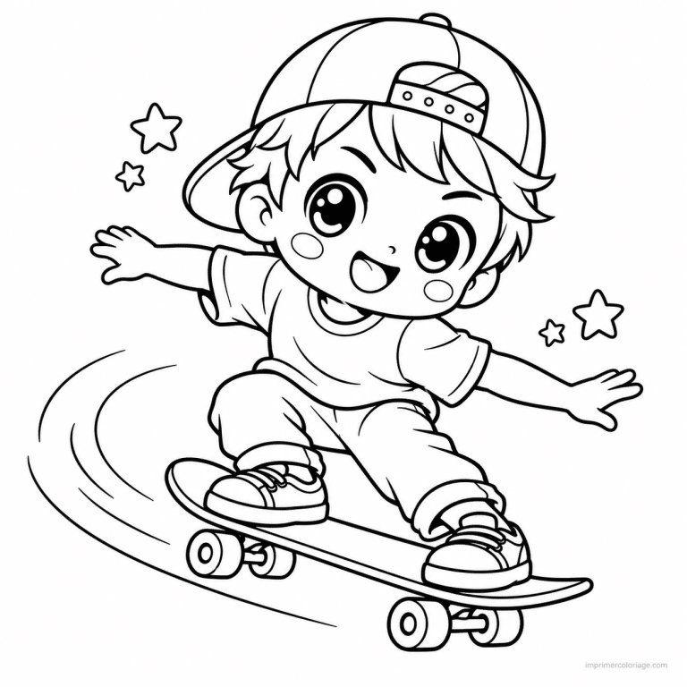 coloriage skate kawaii enfant en virage - dessin gratuit &agrave; imprimer