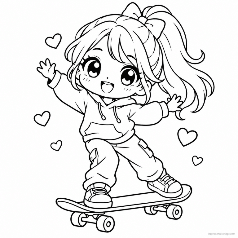 coloriage skate kawaii fille equilibre sur - dessin gratuit &agrave; imprimer