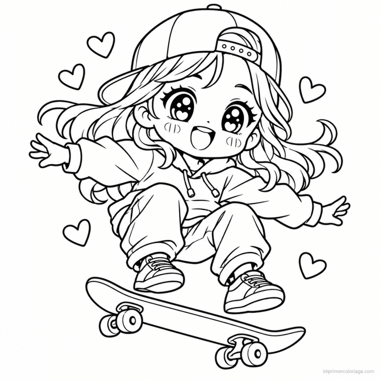 coloriage skate kawaii fille petit saut - dessin gratuit &agrave; imprimer