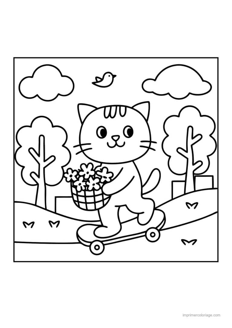 coloriage skateboard chat skate panier fleurs - dessin gratuit &agrave; imprimer