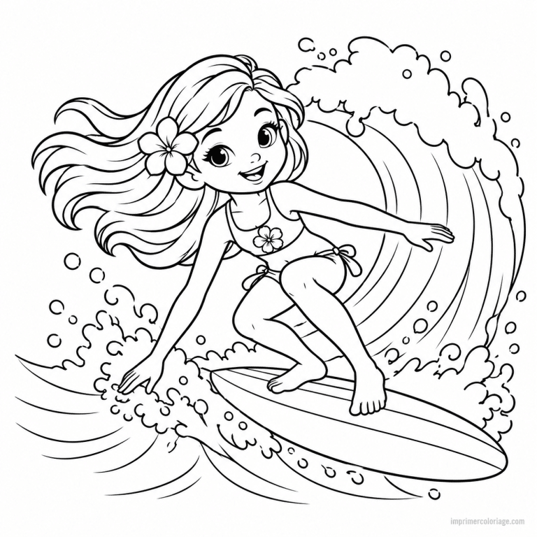 coloriage surf cute fille fleur vague - dessin gratuit &agrave; imprimer