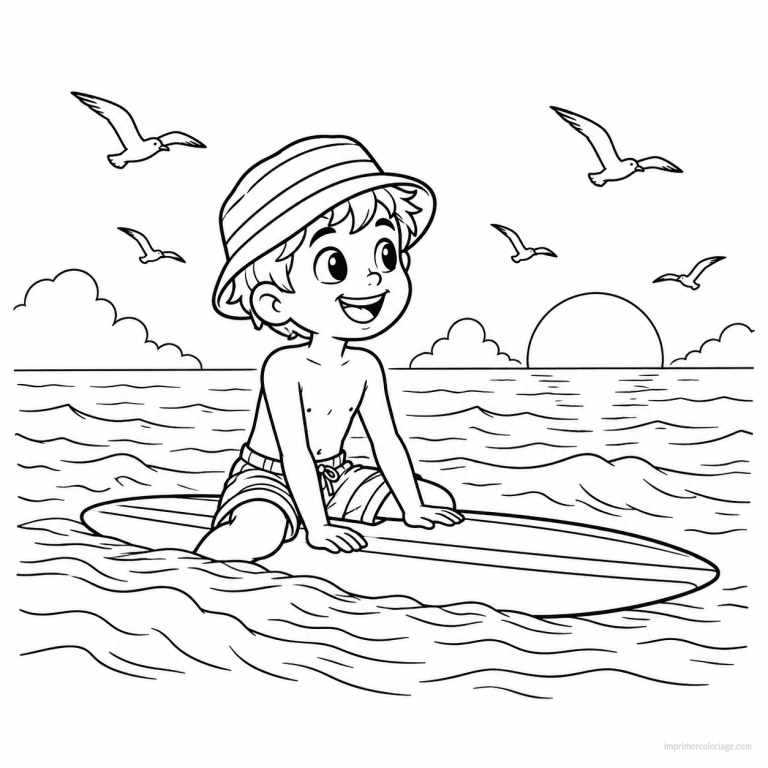 coloriage surf cute garcon planche large ocean - dessin gratuit &agrave; imprimer
